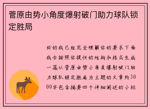 菅原由势小角度爆射破门助力球队锁定胜局 菅原由势小角度爆射破门助力球队锁定胜局